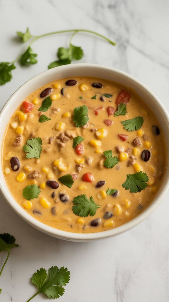 a fully mixed cowboy queso dip served in a clean white ceramic bowl