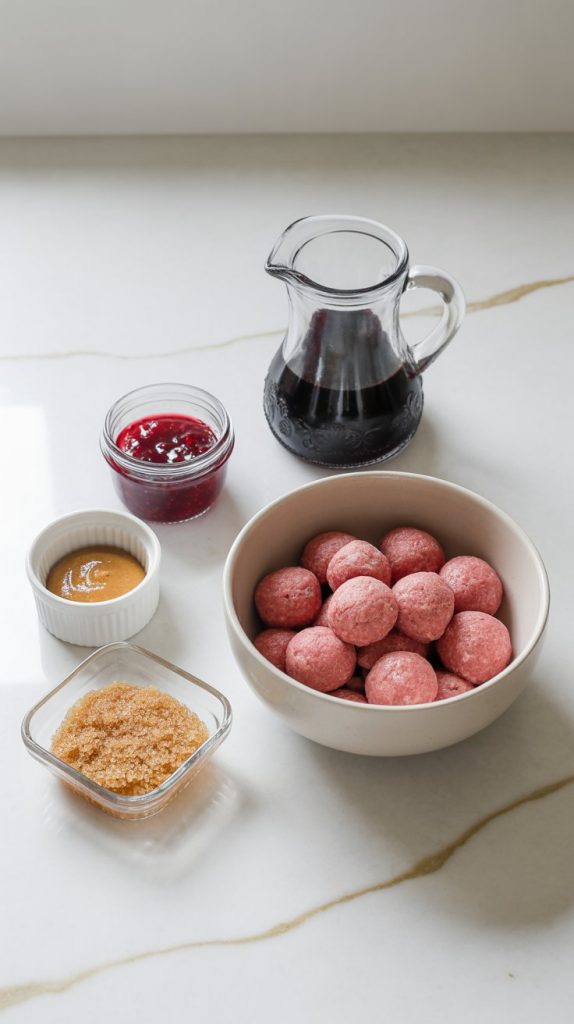 a white marble countertop with hints of gold, showing a jar of raspberry jam with the lid off, balsamic vinegar in a small clear measuring cup, Dijon mustard in a tiny ramekin, brown sugar in a glass dish