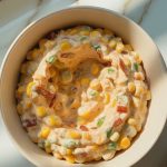 fully blended crack corn dip served in a white ceramic bowl