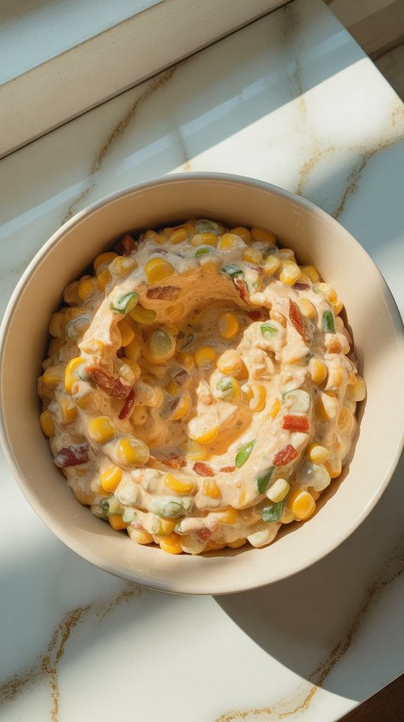 fully blended crack corn dip served in a white ceramic bowl