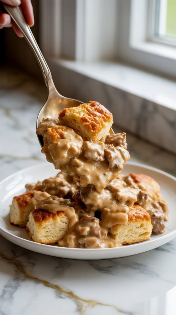 a serving spoon lifting out a portion of crockpot biscuits and sausage gravy casserole