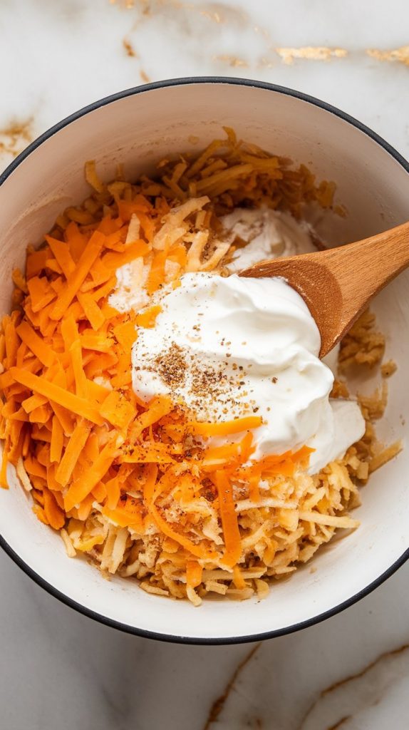 a large white bowl filled with frozen shredded hashbrowns, cheddar cheese, cream of chicken soup, sour cream, and melted butter being stirred together with a wooden spoon