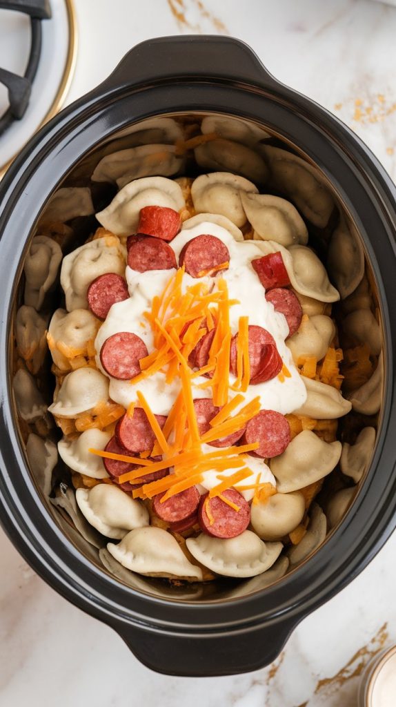 crockpot being layered: frozen pierogis on the bottom, browned kielbasa and onions next, creamy sauce poured over, finished with shredded cheddar cheese on top