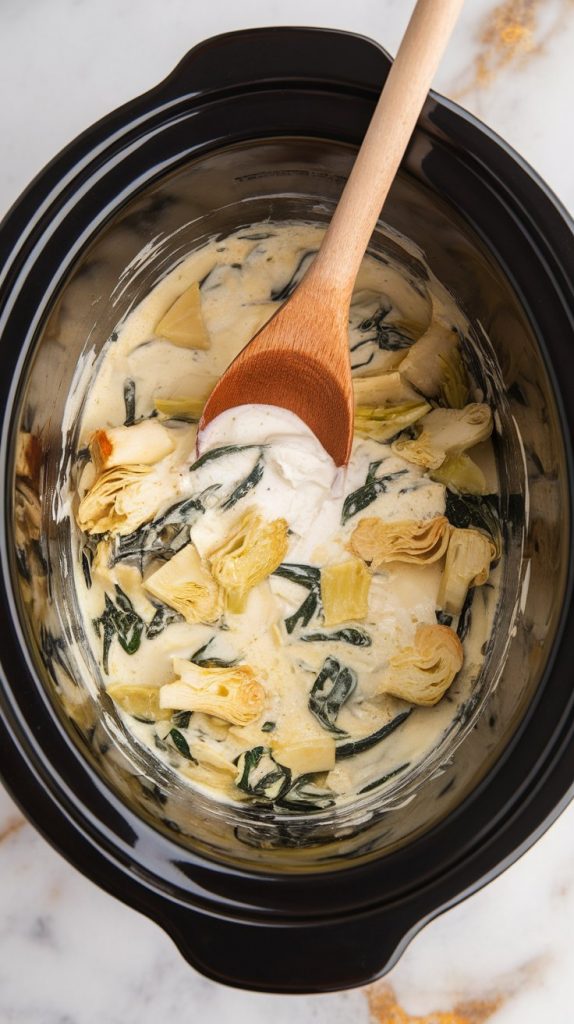 a wooden spoon stirring a thick mixture of cream cheese, sour cream, chopped spinach, artichokes, and shredded cheese