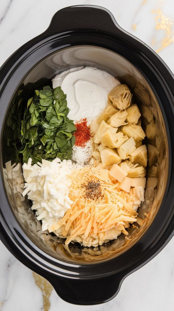 a black ceramic crockpot with a matte black interior containing a base layer of softened cream cheese, a dollop of sour cream, and minced garlic, now topped with thawed and squeezed-dry chopped spinach, chopped canned artichoke hearts, a generous sprinkle of shredded mozzarella