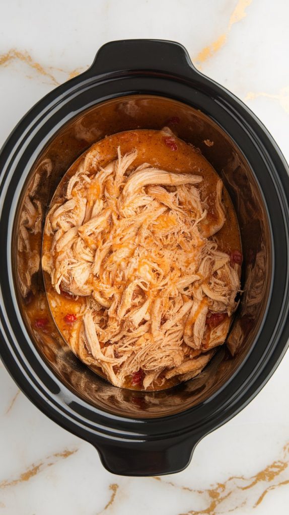 finely shredded chicken fully mixed into a thick, creamy sauce made from melted cream cheese, queso dip, and Rotel with visible specks of tomato and seasoning