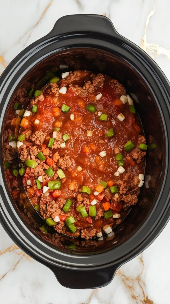 all ingredients mixed into the crockpot: saucy ground beef mixture with ketchup, tomato paste, mustard, and other seasonings fully stirred and ready to cook