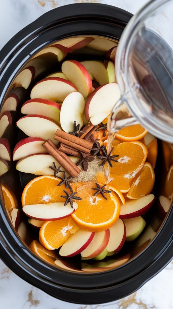 apple wedges and orange slices layered in a black crockpot, topped with whole cinnamon sticks, whole cloves, allspice berries, and a sprinkle of ground nutmeg