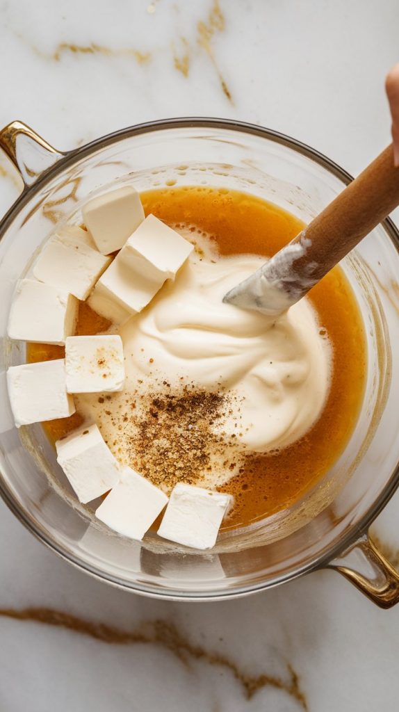 sauce ingredients—cream cheese cubed, sour cream, chicken broth, garlic powder, and pepper—being stirred into a creamy mixture in a glass bowl