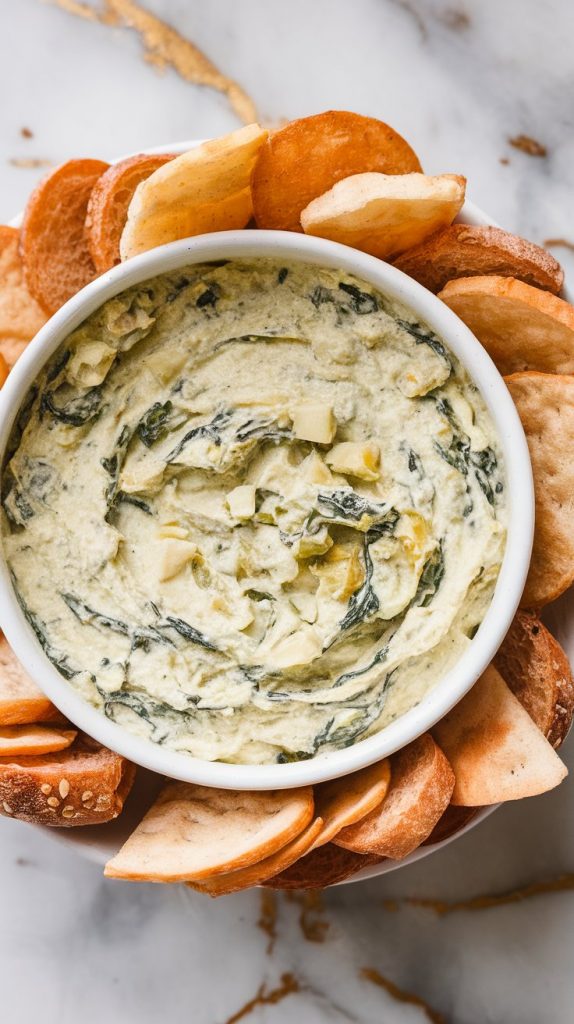 freshly scooped spinach artichoke dip served in a small round white bowl