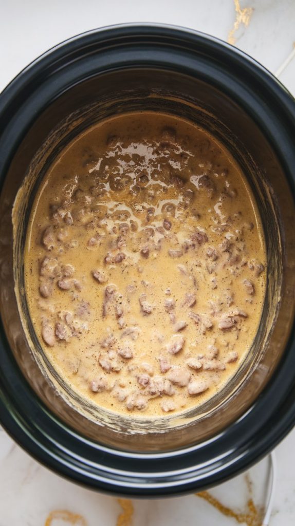 creamy sausage gravy being poured into a greased crockpot