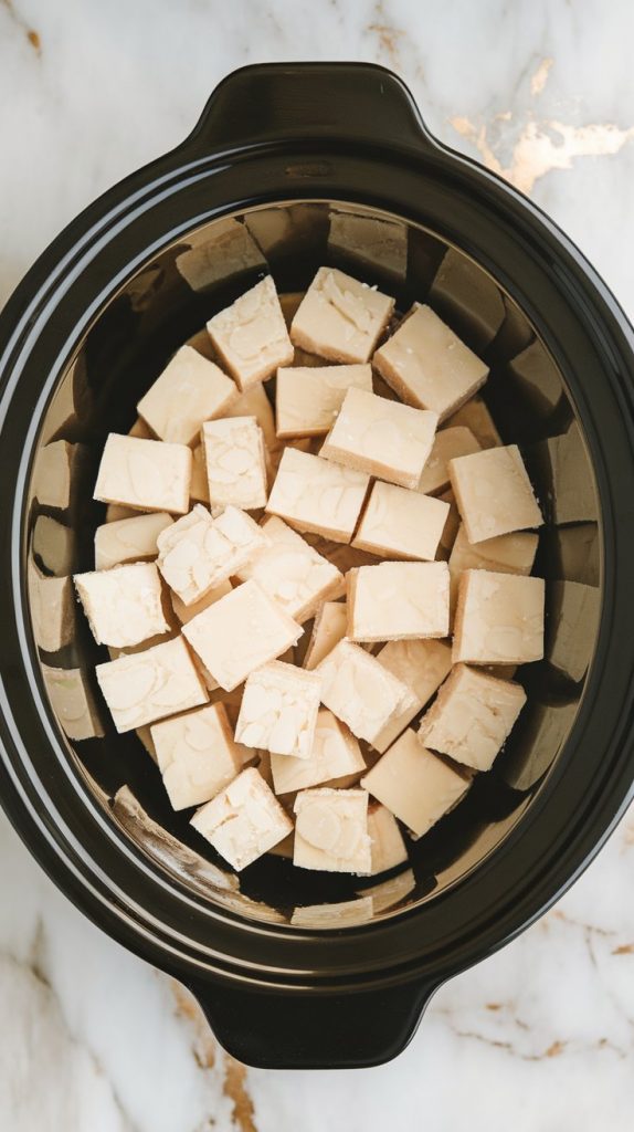 white almond bark chunks placed evenly inside a black crockpot insert