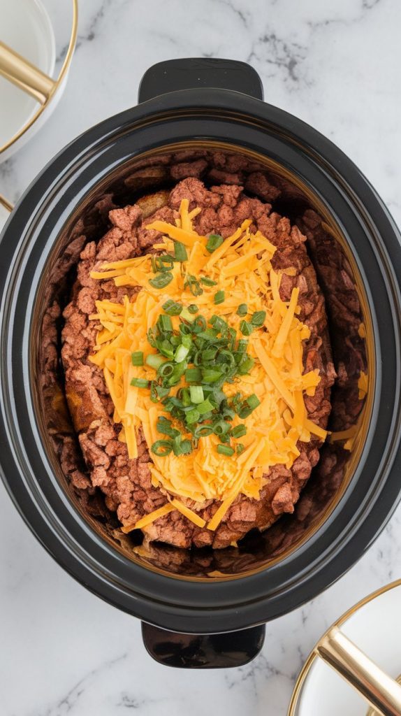 the crockpot being layered with thawed diced hash browns, browned sausage crumbles, shredded cheddar cheese, and chopped green onions