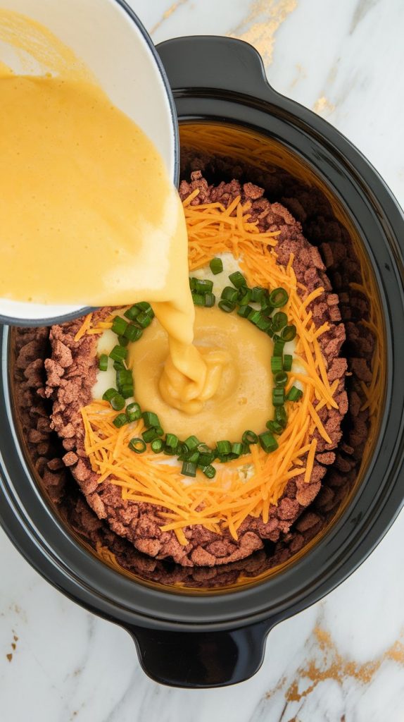 golden egg mixture being poured from a bowl into the crockpot over the layered sausage, potatoes, and cheese