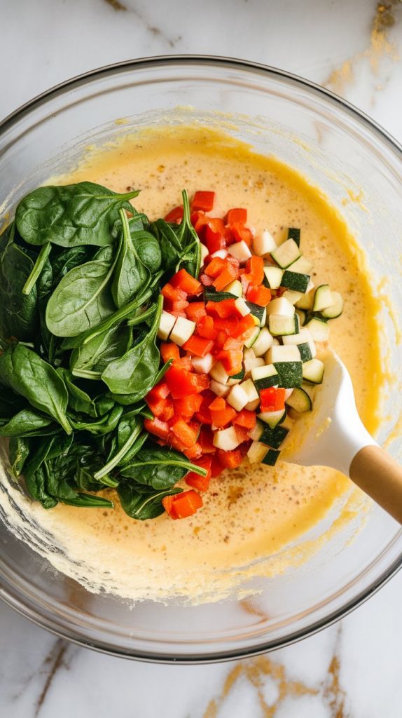 the colorful diced and chopped veggies being stirred gently into the cheesy egg mixture with a rubber spatula