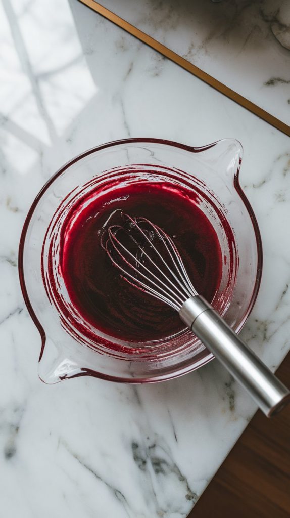 a glass mixing bowl on a counter with raspberry jam, balsamic vinegar, Dijon mustard, and brown sugar being whisked together into a glossy, deep red glaze