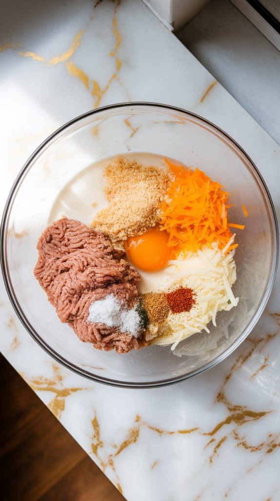 a large glass mixing bowl with ground turkey, soft breadcrumbs soaking in milk, a cracked egg, shredded cheddar cheese, finely diced onion, and sprinkled seasonings