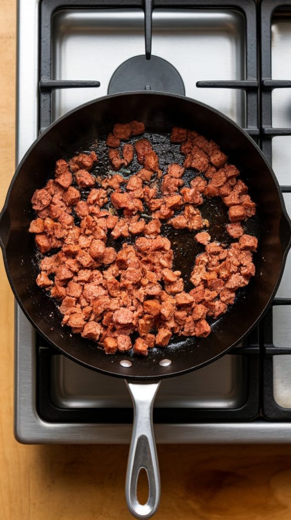 crumbled breakfast sausage, fully browned in a non-stick skillet, juices sizzling around the edges