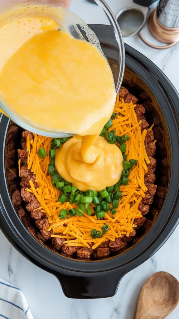 golden egg mixture being poured in a stream over the top layer of shredded cheddar cheese and chopped green onions in a black crockpot
