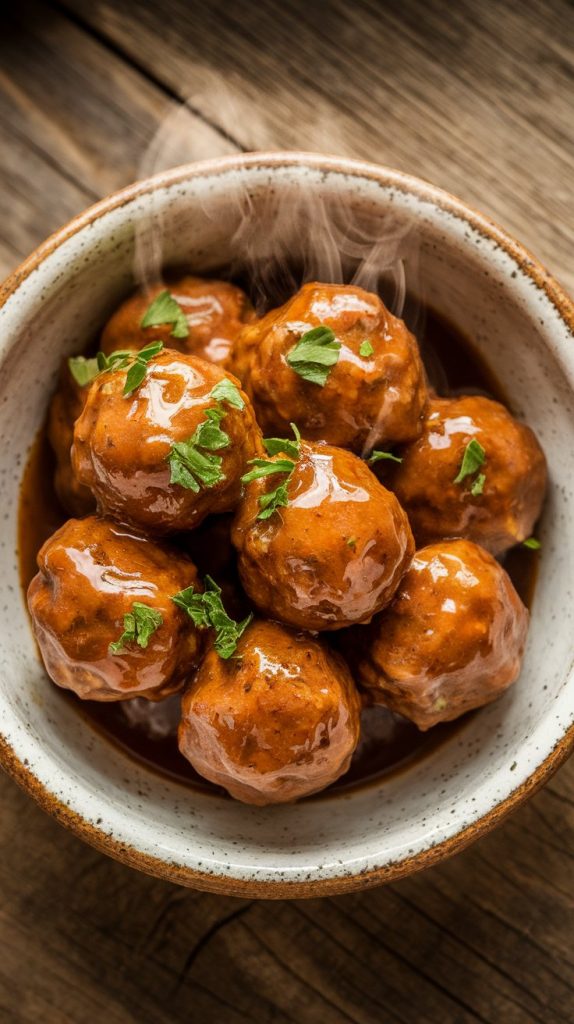 a bowl filled with glazed bourbon apple butter meatballs, each meatball glossy and coated in thick, sticky sauce