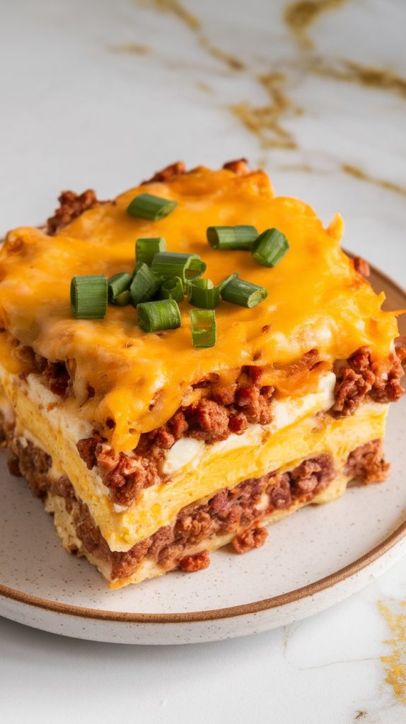a serving of sausage breakfast casserole being scooped from the crockpot onto a white ceramic plate