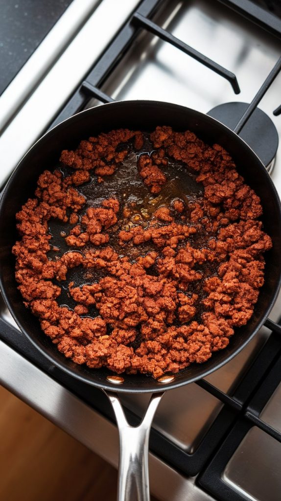 browned ground chorizo in a skillet, edges slightly crispy, some oil still sizzling