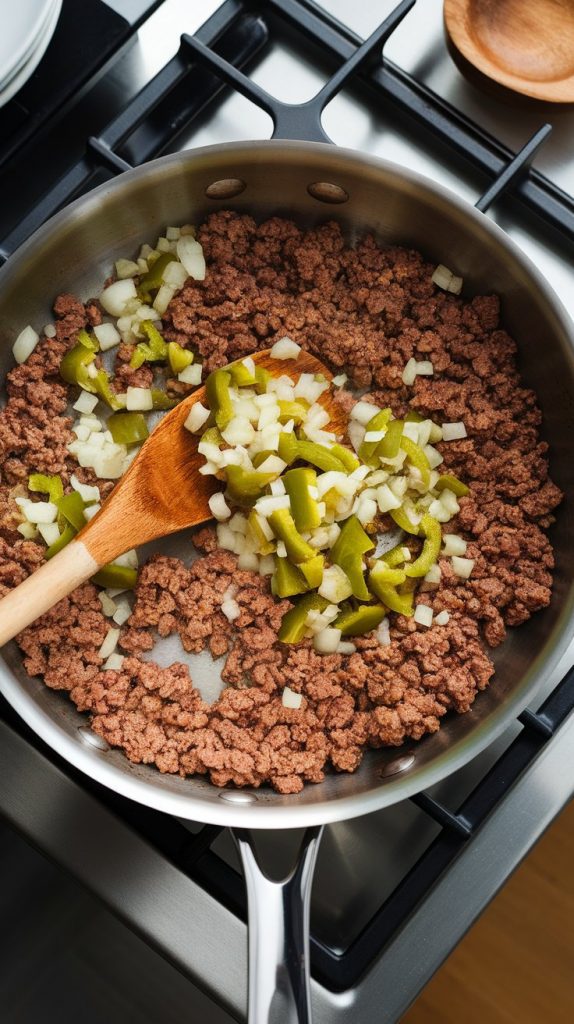 ground beef mixed with softened diced onion, green bell pepper, and garlic, just beginning to become fragrant and translucent