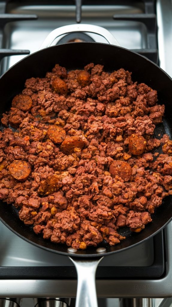 cooked and crumbled ground beef and spicy sausage, browned and sizzling in a skillet