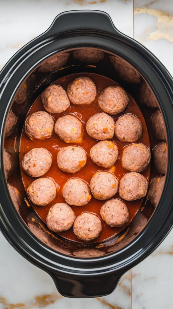 raw turkey meatballs in the slow cooker, half-submerged in a thick layer of red enchilada sauce