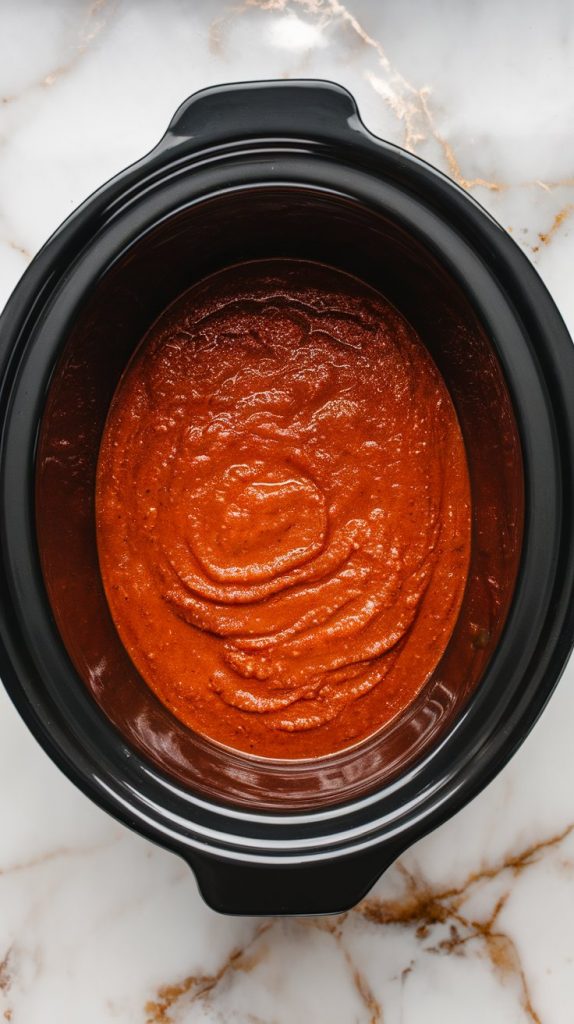 slow cooker insert with a layer of red enchilada sauce spread across the bottom