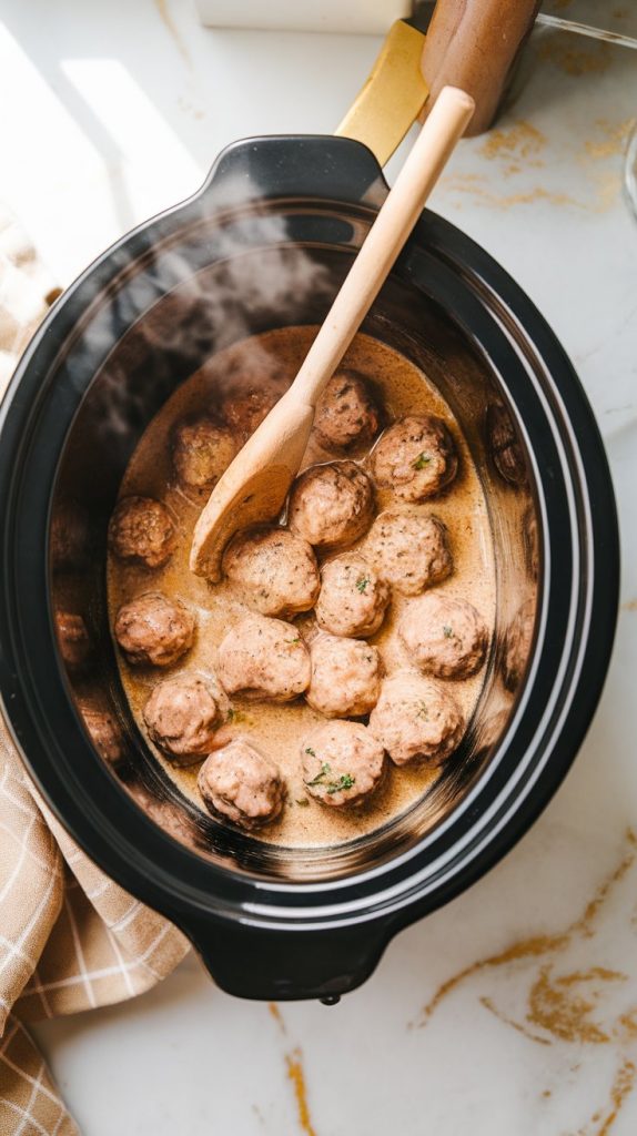 creamy, steamy mixture inside slow cooker being stirred with a wooden spoon, cream cheese fully melted, coating the meatballs in a thick sauce