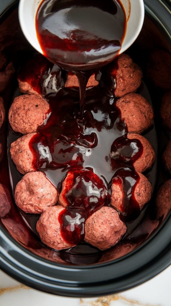 glossy raspberry balsamic glaze being poured from a glass bowl over frozen meatballs in a black ceramic slow cooker