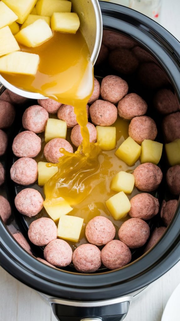 pineapple chunks with juice being poured from a can onto frozen meatballs in the slow cooker