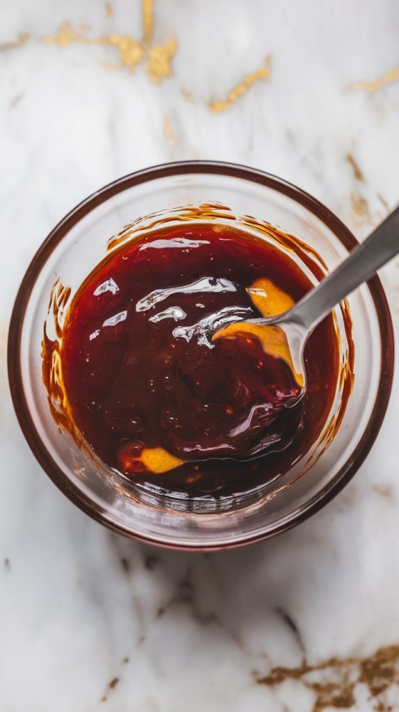 BBQ sauce, grape jelly, Dijon mustard, and hot sauce being mixed in a small glass bowl with a spoon