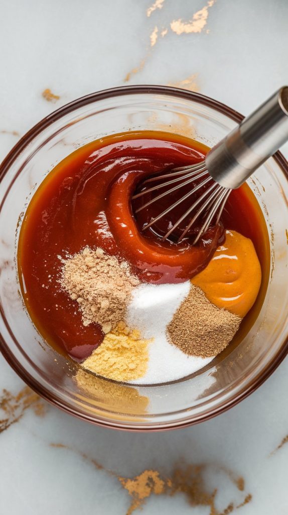 a small mixing bowl filled with thick apple butter, bourbon, ketchup, brown sugar, Dijon mustard, apple cider vinegar, garlic powder, onion powder, salt, and pepper, all swirled
