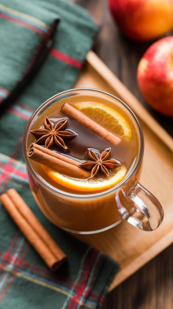 a steaming mug of crockpot apple cider with cinnamon sticks, floating orange slices, and star anise in rich golden brown liquid, served in a clear glass mug on a wood tray