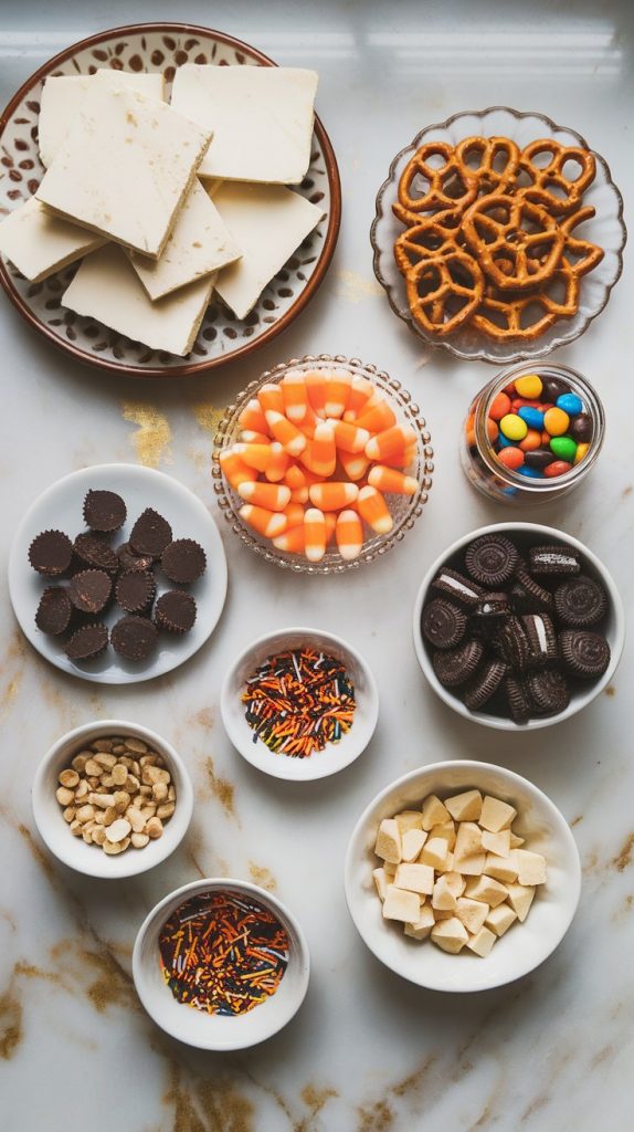 all ingredients laid out: white almond bark in chunks, broken pretzels, candy corn, mini M&Ms, chopped peanut butter cups, chopped Oreos, chopped peanuts, and Halloween sprinkles
