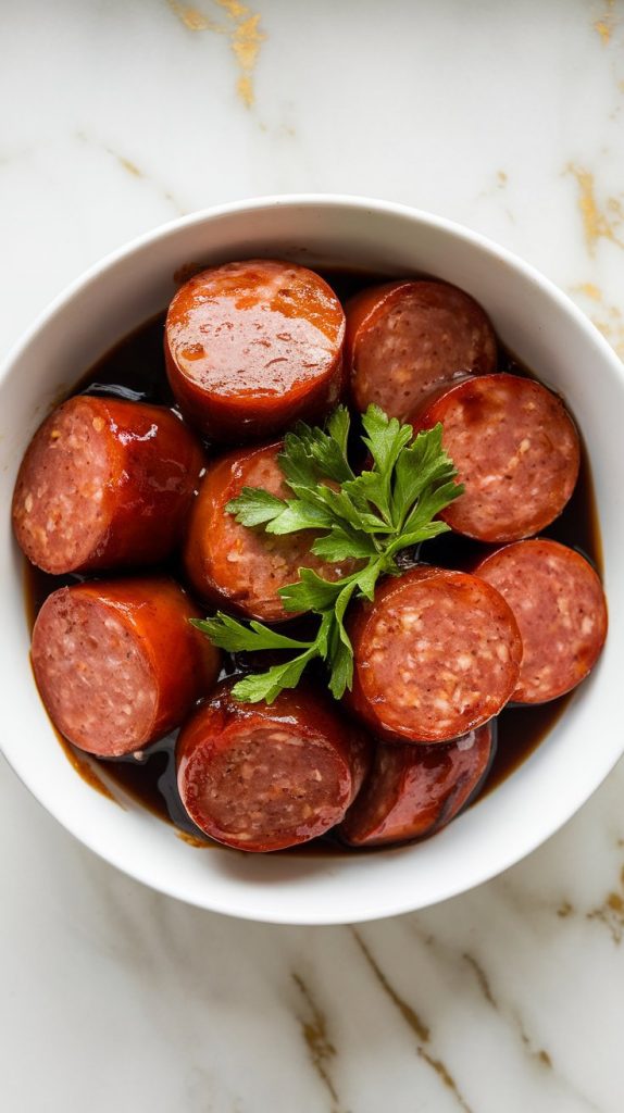 finished kielbasa bites being spooned into a white bowl, garnished with chopped parsley