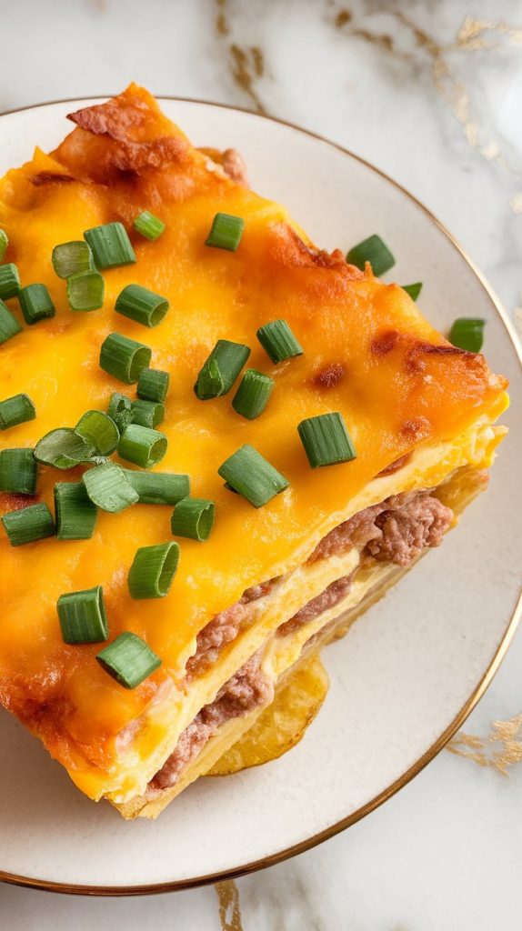 a scoop of tater tot breakfast casserole being served onto a white ceramic plate