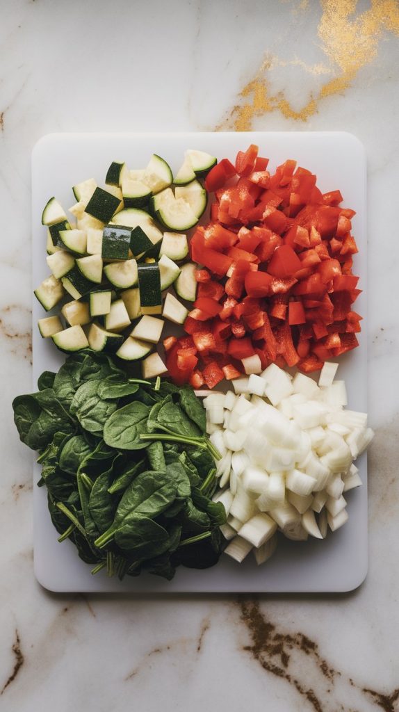 diced zucchini, diced red bell pepper, chopped spinach, and chopped onion neatly arranged on a white cutting board