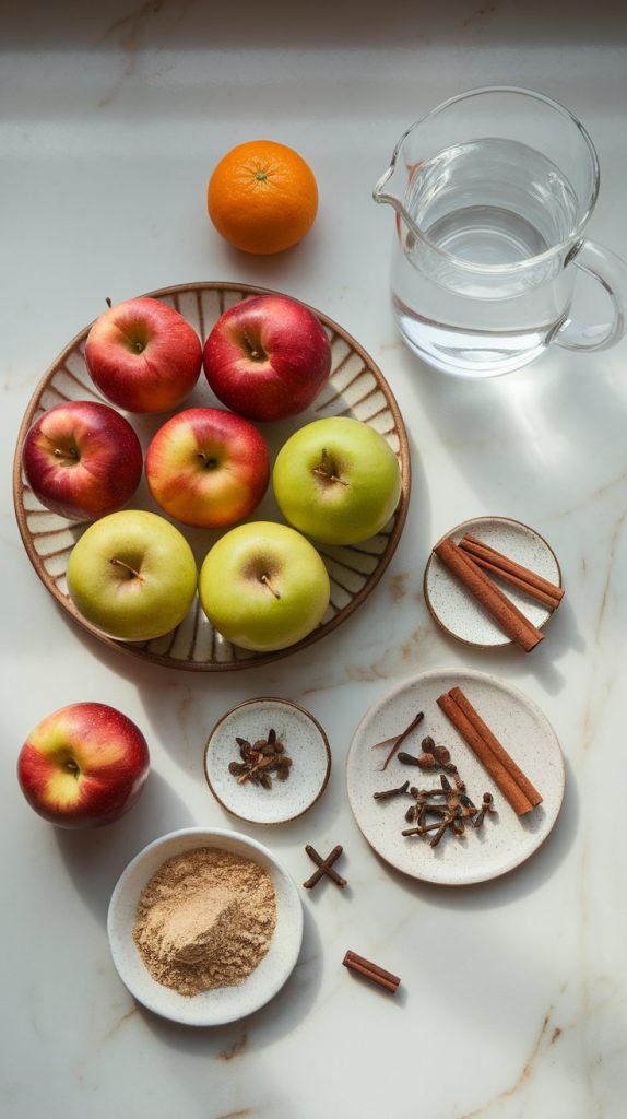 red sweet apples and green tart apples (all with peel on), 1 whole orange, 3 cinnamon sticks, whole cloves, whole allspice berries, ground nutmeg in a small bowl, brown sugar in a measuring cup, and a large pitcher of water