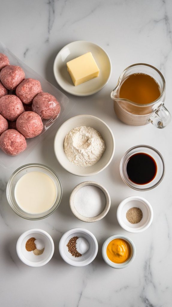 a frozen bag of fully-cooked meatballs, 2 tablespoons butter in a dish, 2 tablespoons flour in a small bowl, a measuring cup with beef broth, a small bowl of heavy cream, a bottle of Worcestershire sauce, a spoonful of Dijon mustard, salt, pepper, garlic powder, and onion powder in pinch bowls