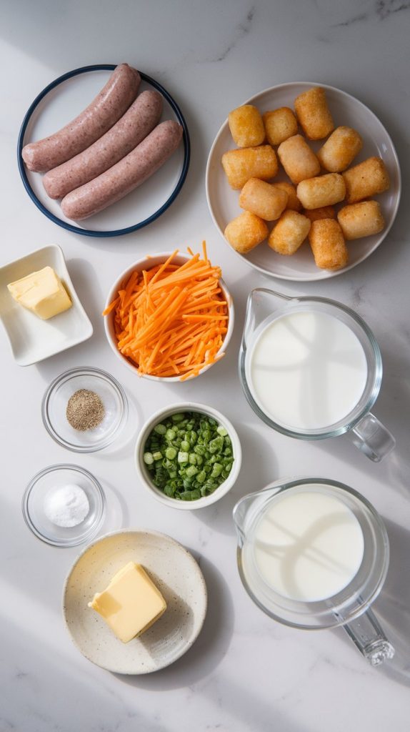 raw breakfast sausage links, frozen tater tots, shredded cheddar cheese, chopped green onions, cracked eggs in a bowl, milk in a glass measuring cup, and small bowls of garlic powder, salt, and black pepper