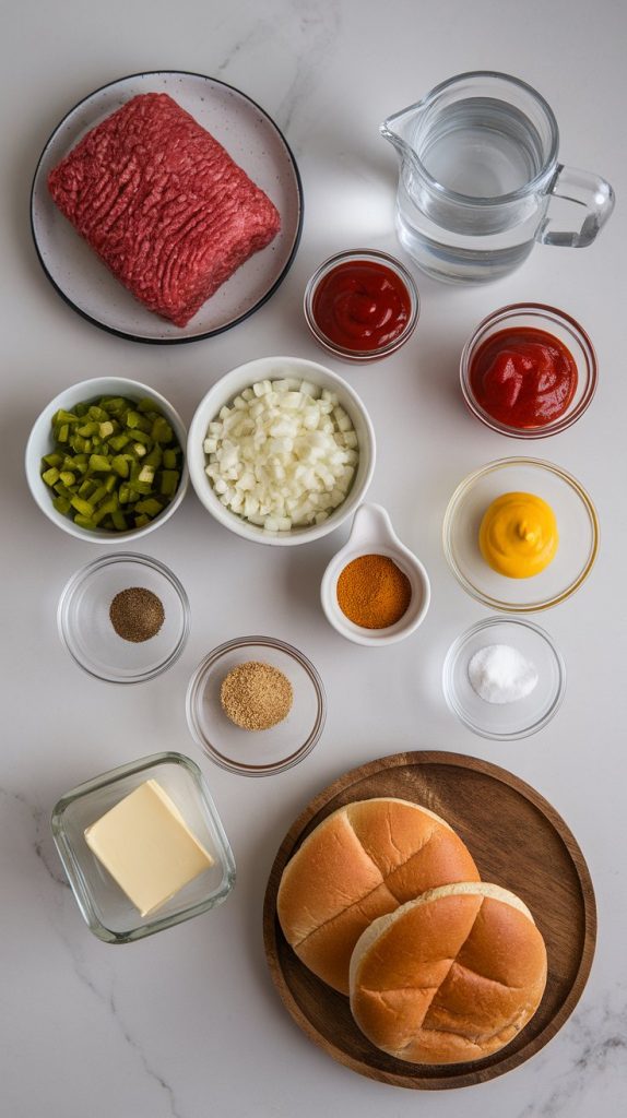 all measured ingredients arranged neatly: raw ground beef (85/15) on a small ceramic plate, finely diced yellow onion and green bell pepper in separate small bowls, minced garlic in a shallow saucer, ketchup and tomato paste in small unlabeled glass jars, yellow mustard and Worcestershire sauce in tiny glass dishes, brown sugar in a small ramekin, salt and pepper in mini spice bowls, and water in a clear glass pitcher