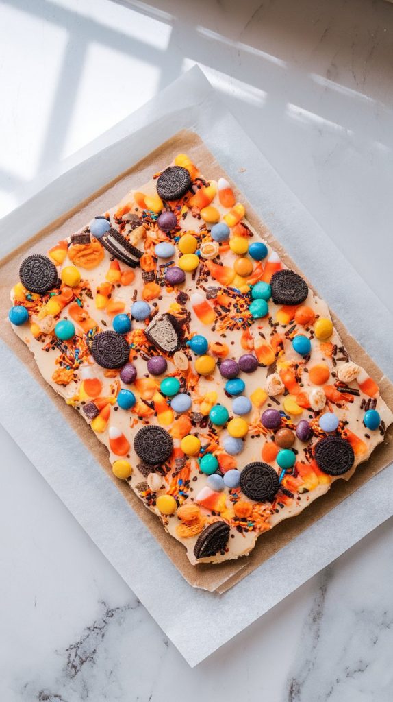 a baking pan lined with parchment paper, filled with smooth, glossy white almond bark mixture
