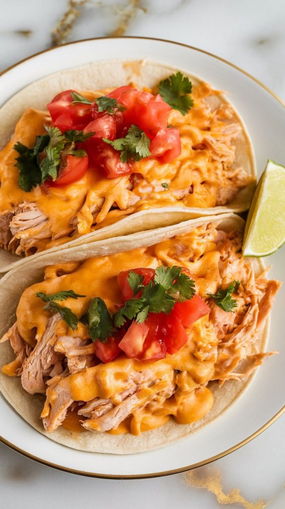 shredded queso chicken inside soft flour tortillas, chicken broken down into tiny, nearly minced strands, deeply seasoned with taco spices and cooked down in Rotel tomatoes