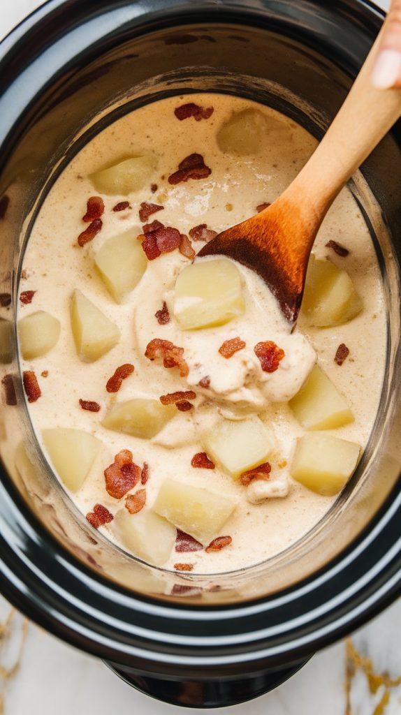 a crockpot filled with warm, creamy loaded baked potato dip being gently stirred with a wooden spoon