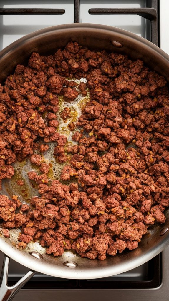 browned ground beef crumbles sizzling in a skillet, with golden bits starting to form on the edges