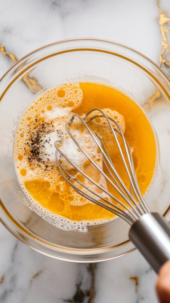 10 cracked eggs being whisked with milk, garlic powder, salt, and pepper in a glass bowl