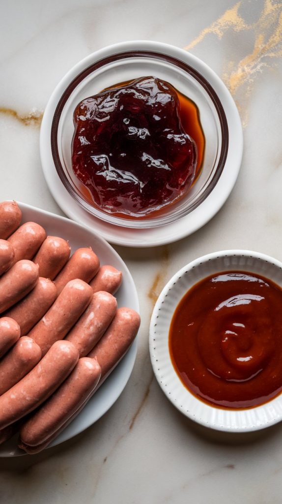 raw little smokies (28 oz total), grape jelly in a clear bowl (1 cup), and BBQ sauce in another bowl (1 cup), with a slow cooker, silicone spatula